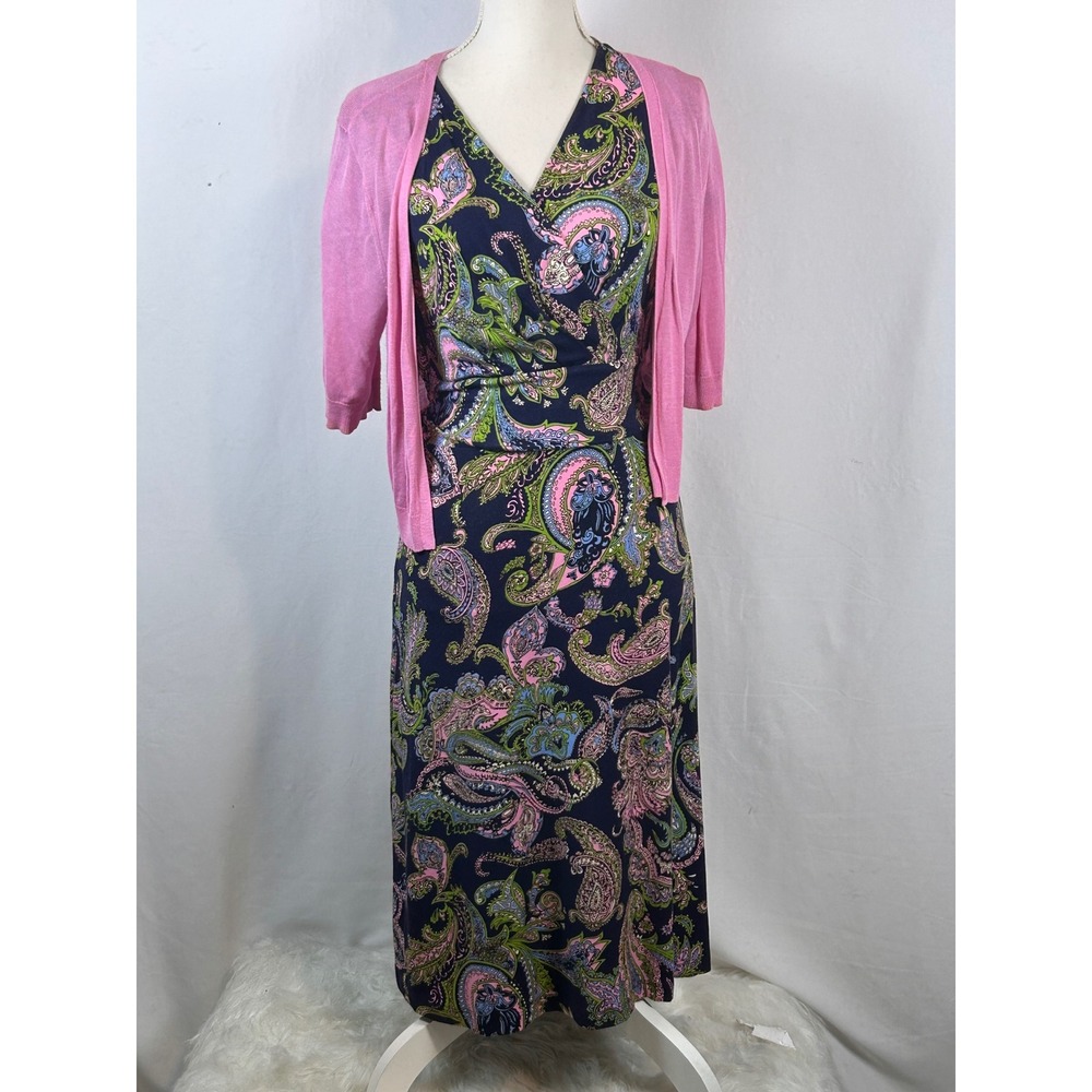Talbots Dress Set Womens 10 Navy Pink Paisley Midi Faux Wrap Excellent